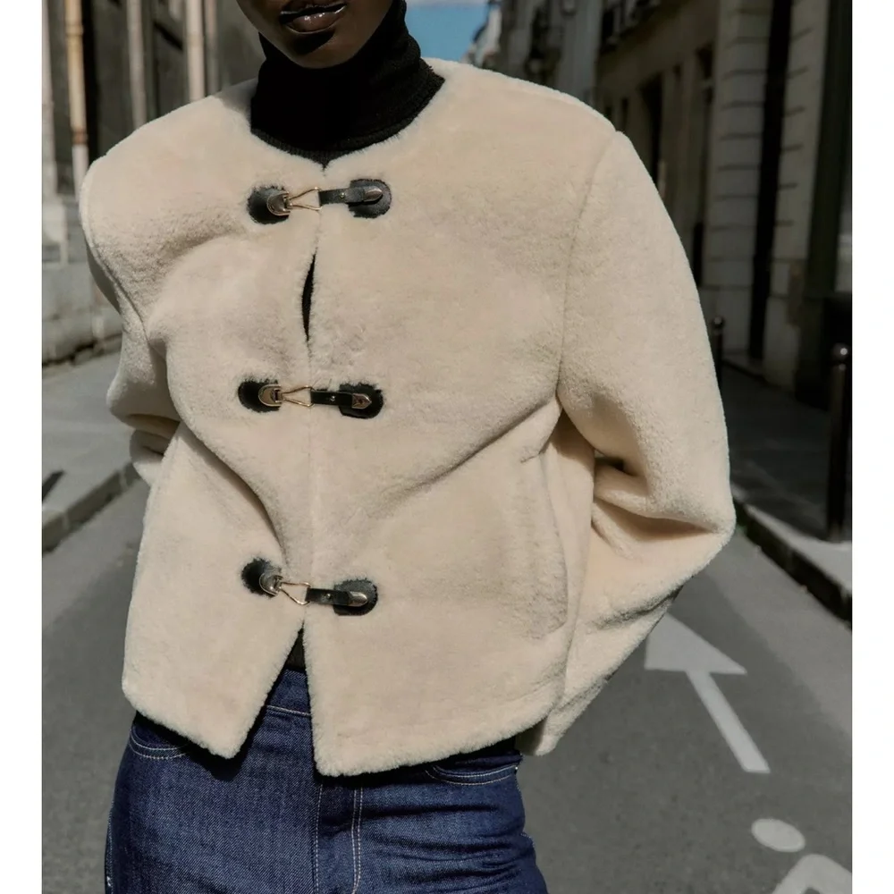 Zara Faux Fur Jacket with Fireman Clasp Ecru NWT - Picture 1 of 7